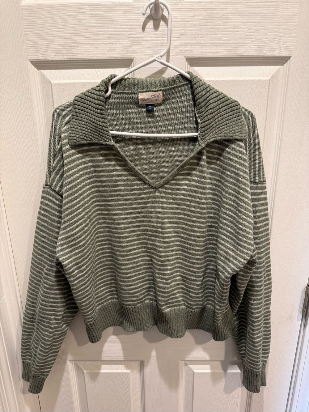 Universal Thread Sage Green and Cream Striped V-Neck Collared Sweater